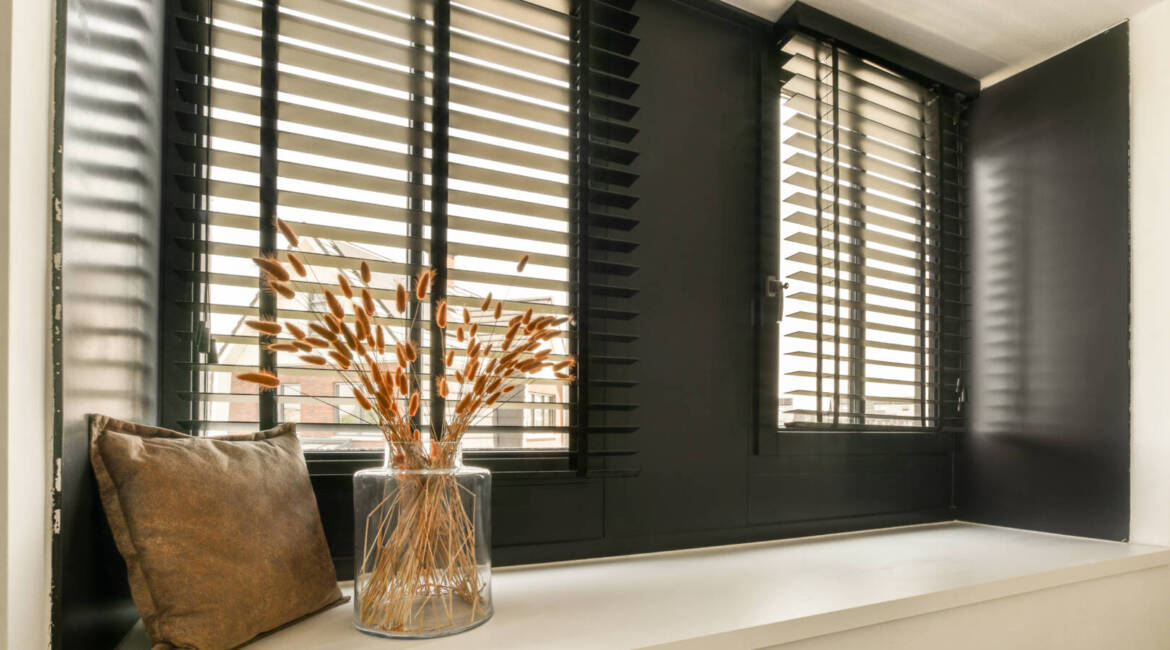 some flowers in a vase on a window sie with black shutters and white trim around the windowsill